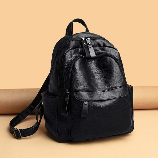 Sieviešu ikdienas ādas mugursoma ar rokturiem melnā krāsā