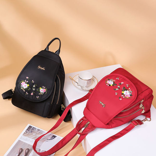 Ikdienas sieviešu tekstila mugursoma ar ziedu izšuvumu