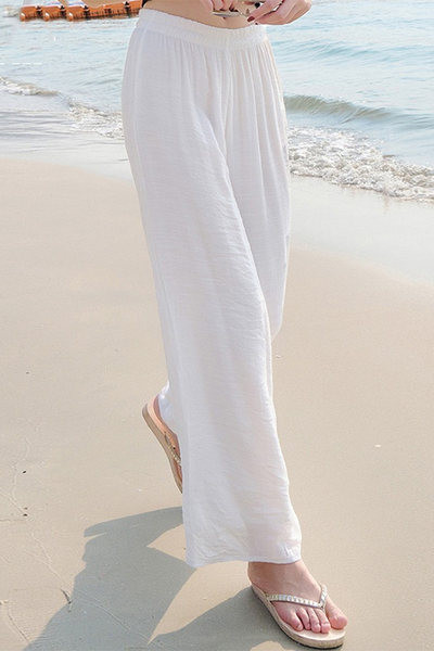 Pantaloni largi casual cu talie înaltă în alb