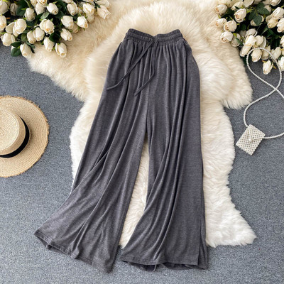 Sieviešu ikdienas platas bikses ar elastīgu jostasvietu un saitēm