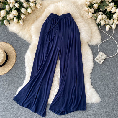 Sieviešu ikdienas platas bikses ar elastīgu jostasvietu un saitēm