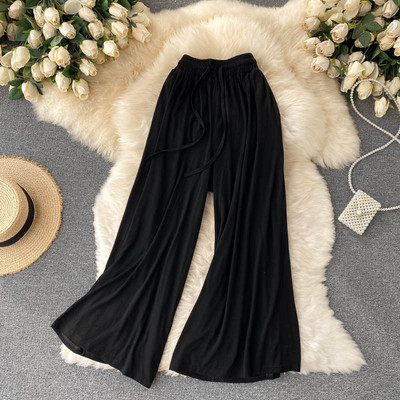 Sieviešu ikdienas platas bikses ar elastīgu jostasvietu un saitēm