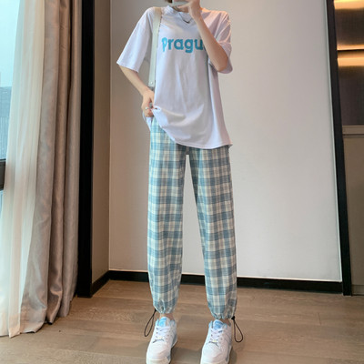 Ikdienas sieviešu rūtainas garās bikses ar saitēm