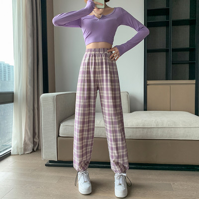 Ikdienas sieviešu rūtainas garās bikses ar saitēm