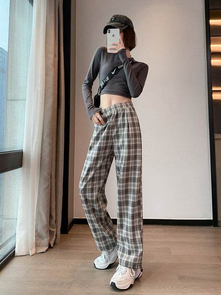 Ikdienas sieviešu rūtainas garās bikses ar saitēm