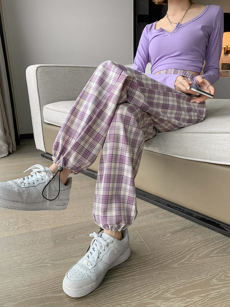 Ikdienas sieviešu rūtainas garās bikses ar saitēm