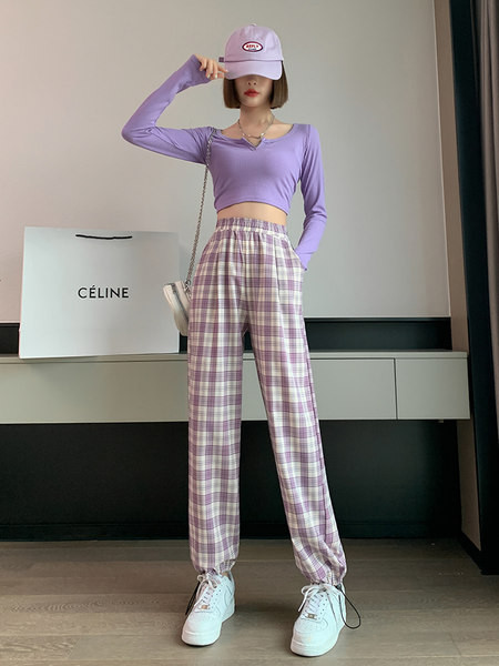 Ikdienas sieviešu rūtainas garās bikses ar saitēm