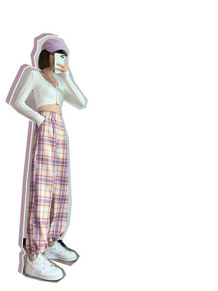 Pantaloni de damă în carouri de ultimă generație cu șireturi