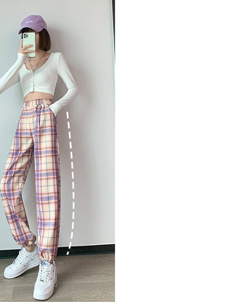 Pantaloni de damă în carouri de ultimă generație cu șireturi