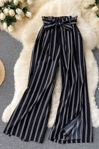 Pantaloni largi de dama model nou cu fante si panglica