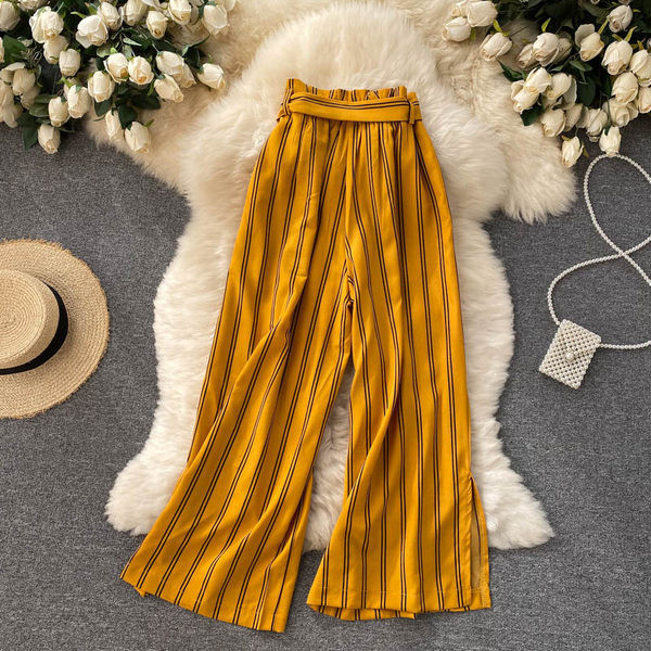 Pantaloni largi de dama model nou cu fante si panglica