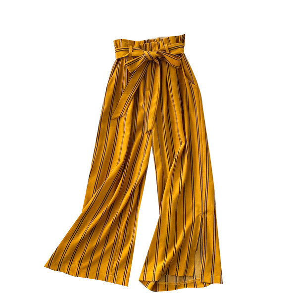 Pantaloni largi de dama model nou cu fante si panglica