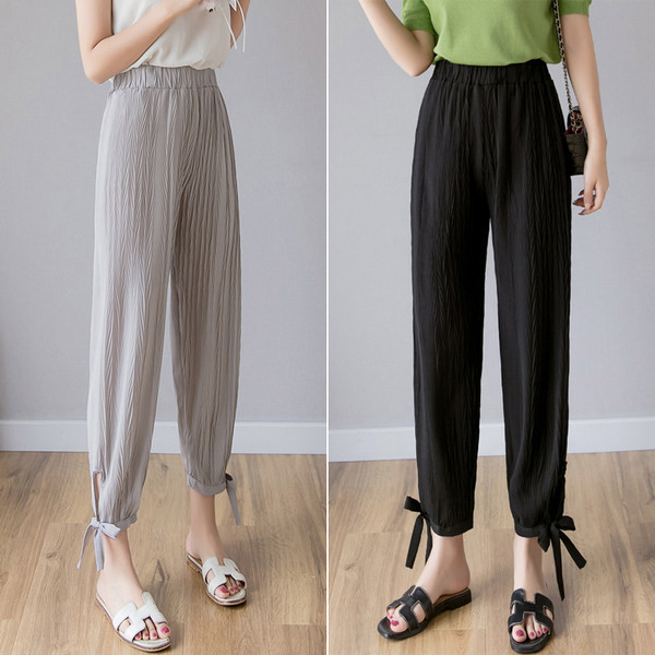 Model larg de pantaloni de vara dama cu cravate