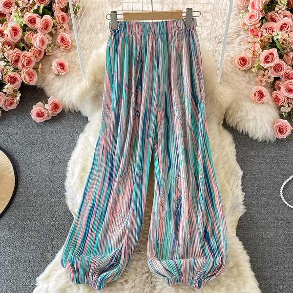 Platas sieviešu krāsainas bikses ar elastīgu jostasvietu