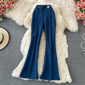 Ženske moderne hlače s visokim strukom i metalnim elementima