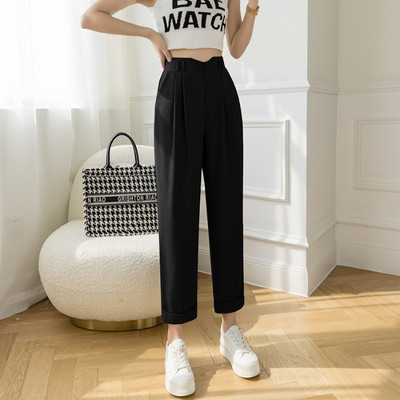 Pantaloni de dama cu talie inalta si buzunare - model drept