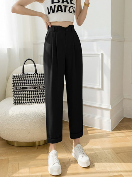Pantaloni de dama cu talie inalta si buzunare - model drept