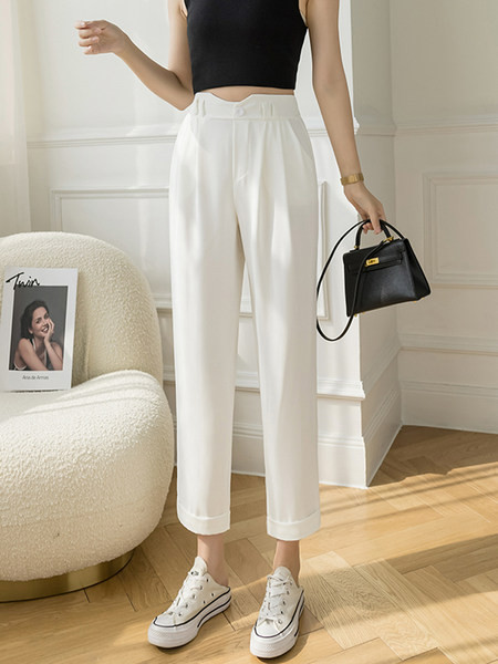 Pantaloni de dama cu talie inalta si buzunare - model drept