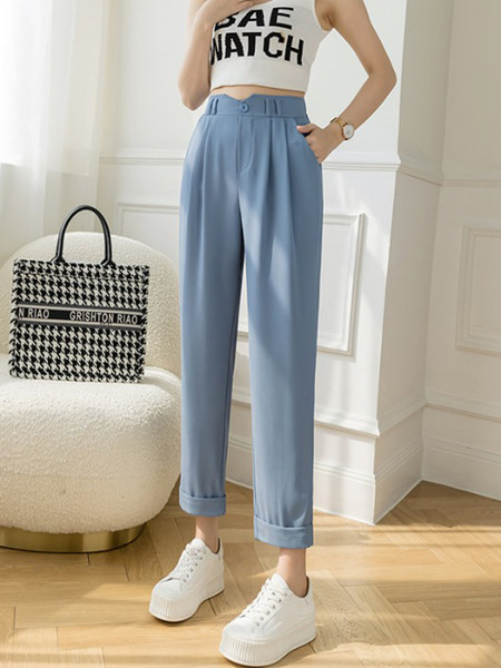 Pantaloni de dama cu talie inalta si buzunare - model drept