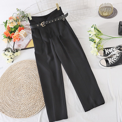 Ženske duge hlače s remenom i visokim strukom