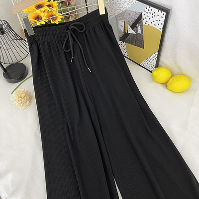 Sieviešu garas platas bikses ar elastīgu jostasvietu un saitēm