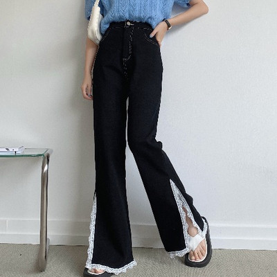 Pantaloni moderni de dama cu talie inalta si dantela