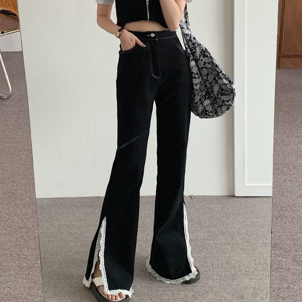 Pantaloni moderni de dama cu talie inalta si dantela