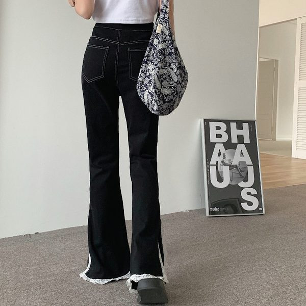 Pantaloni moderni de dama cu talie inalta si dantela