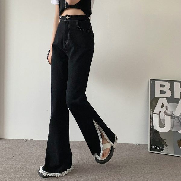 Pantaloni moderni de dama cu talie inalta si dantela