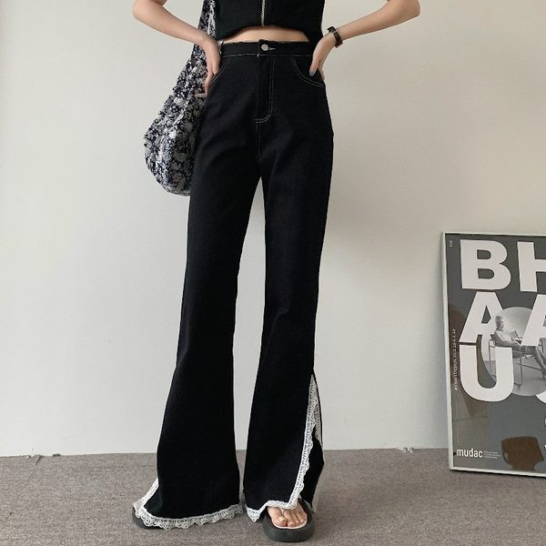 Pantaloni moderni de dama cu talie inalta si dantela