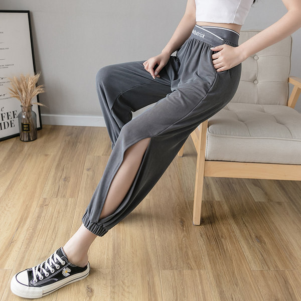 Pantaloni largi de damă cu inscripție și talie înaltă