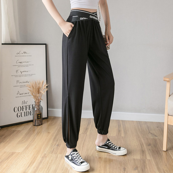 Pantaloni largi de damă cu inscripție și talie înaltă