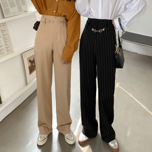 Sieviešu modernas svītrainas taisnas bikses ar jostu