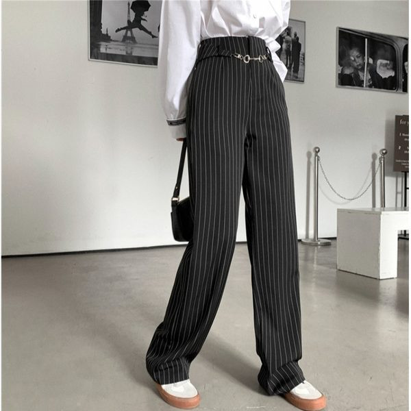 Sieviešu modernas svītrainas taisnas bikses ar jostu