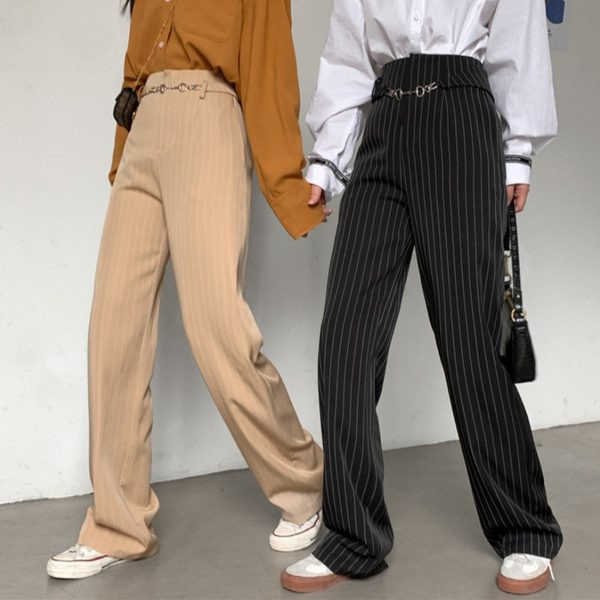 Sieviešu modernas svītrainas taisnas bikses ar jostu