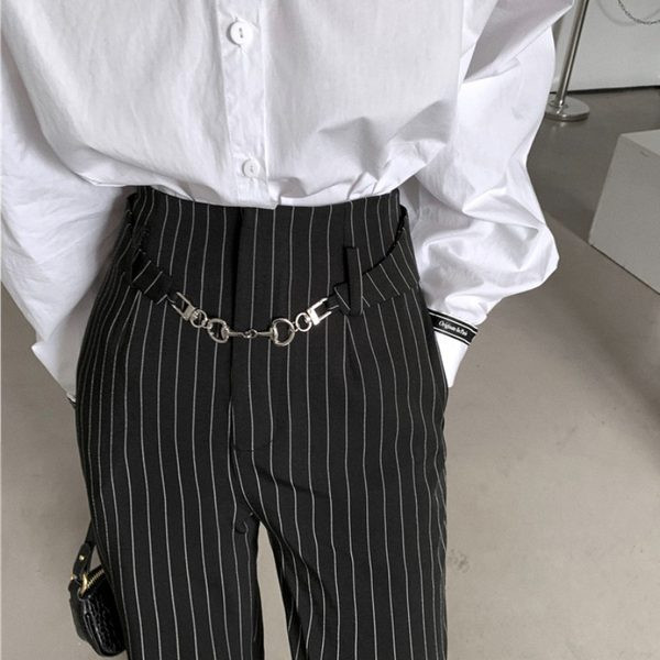 Sieviešu modernas svītrainas taisnas bikses ar jostu