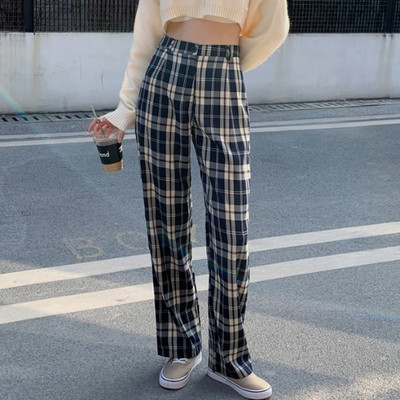 Sieviešu modernas rūtainas garās bikses ar augstu vidukli