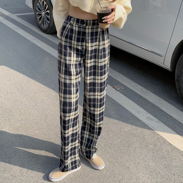 Sieviešu modernas rūtainas garās bikses ar augstu vidukli