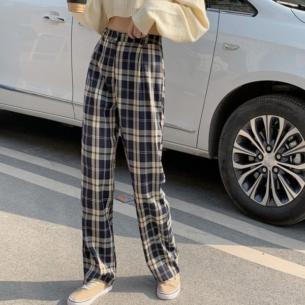 Sieviešu modernas rūtainas garās bikses ar augstu vidukli