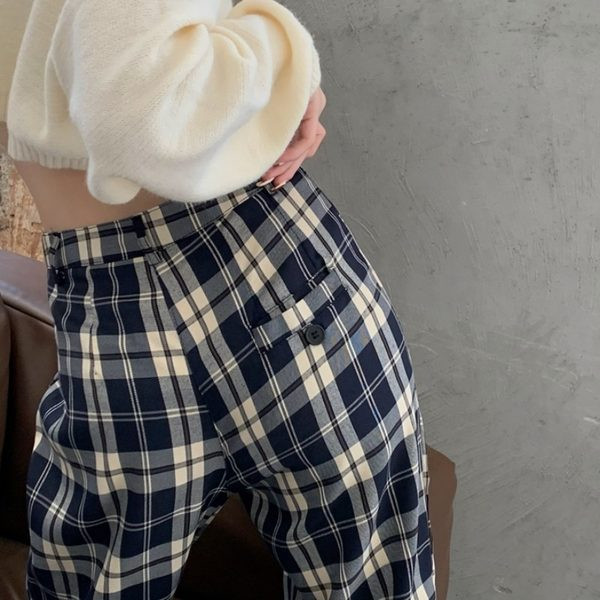 Sieviešu modernas rūtainas garās bikses ar augstu vidukli