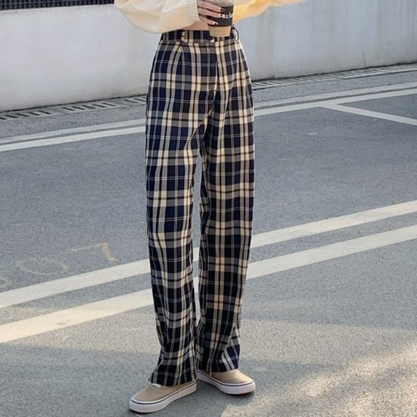 Sieviešu modernas rūtainas garās bikses ar augstu vidukli