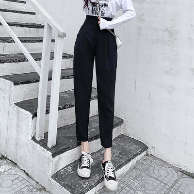 Pantaloni lungi de dama cu talie inalta in negru si bej