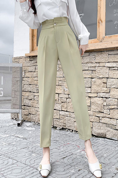 Pantaloni lungi de dama cu talie inalta in negru si bej