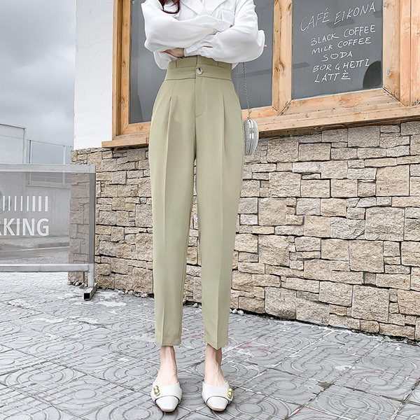 Pantaloni lungi de dama cu talie inalta in negru si bej