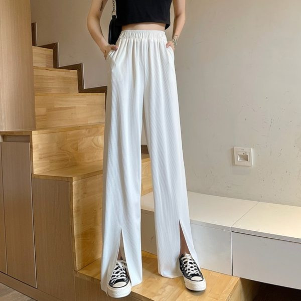 Pantaloni drepti de dama cu talie elastica si crapatura