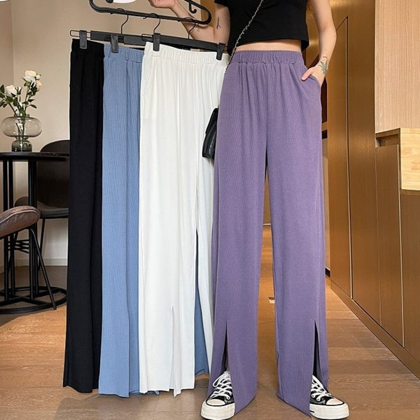 Pantaloni drepti de dama cu talie elastica si crapatura