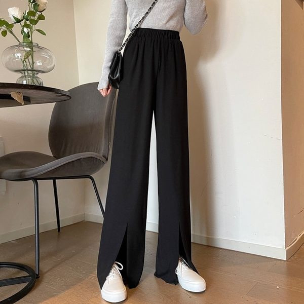 Pantaloni drepti de dama cu talie elastica si crapatura