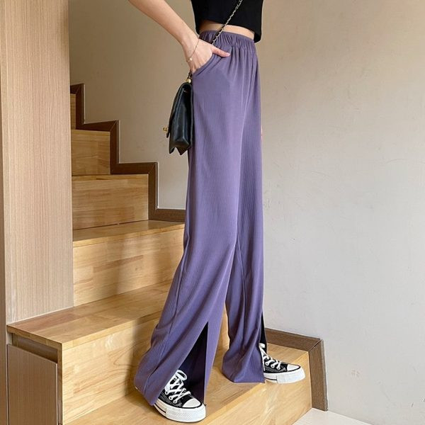 Pantaloni drepti de dama cu talie elastica si crapatura