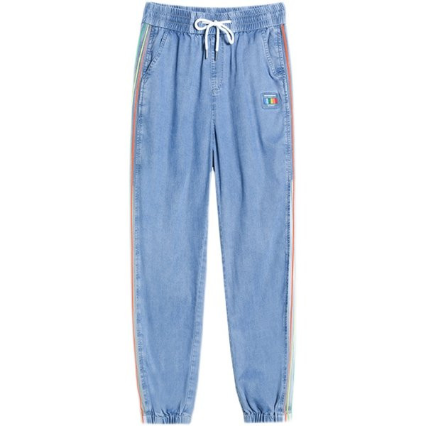 Sieviešu džinsi ar krāsainu rakstu un saitēm