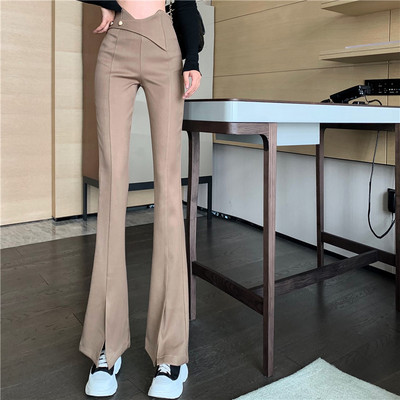 Pantaloni de dama bej cu talie inalta